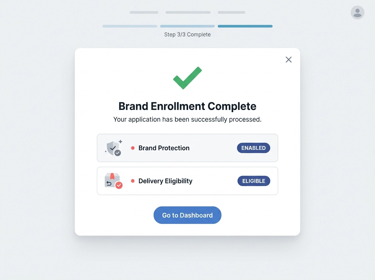 Amazon Brand Registry and FBA enrollment confirmation screen mockup