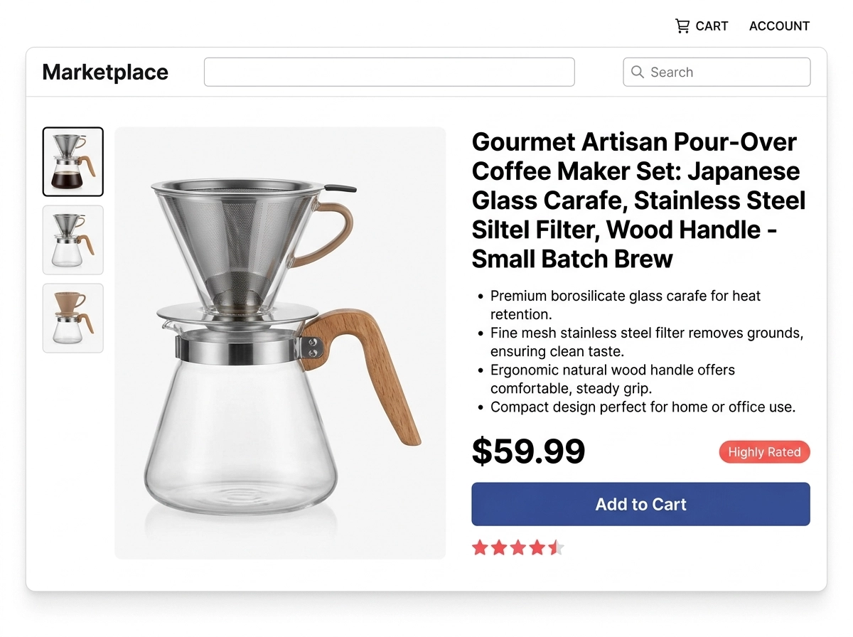 Amazon product listing page with SEO title, copy, and product images