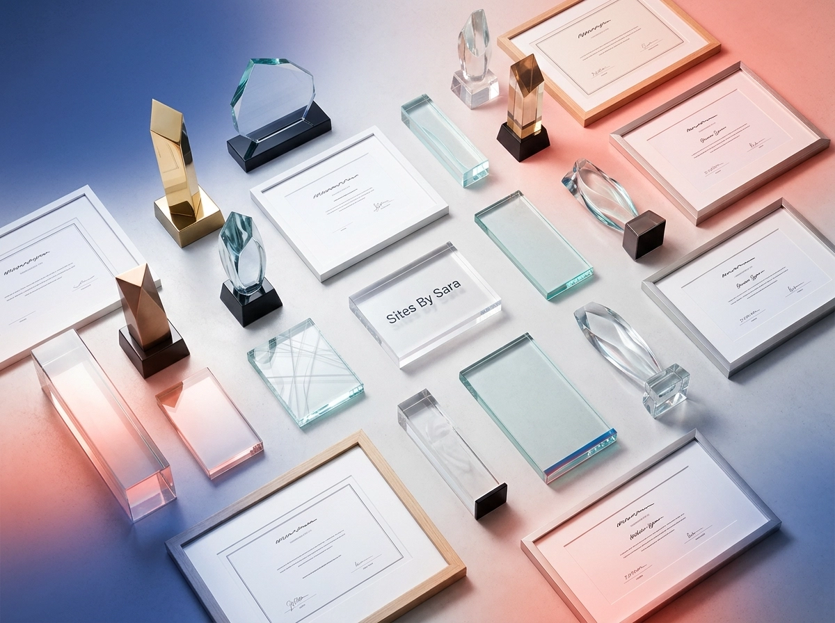 Trophies and award certificates displayed on a clean modern shelf