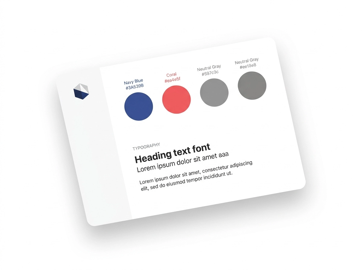 Brand style guide mockup with color swatches, font pairings, and logo usage examples