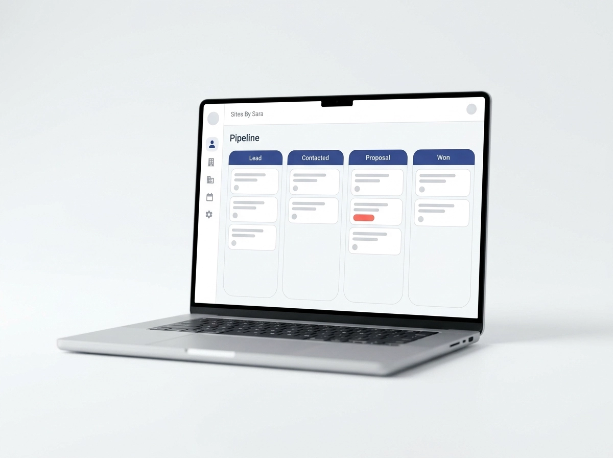 CRM dashboard mockup showing contact records, pipeline stages, and automated workflows