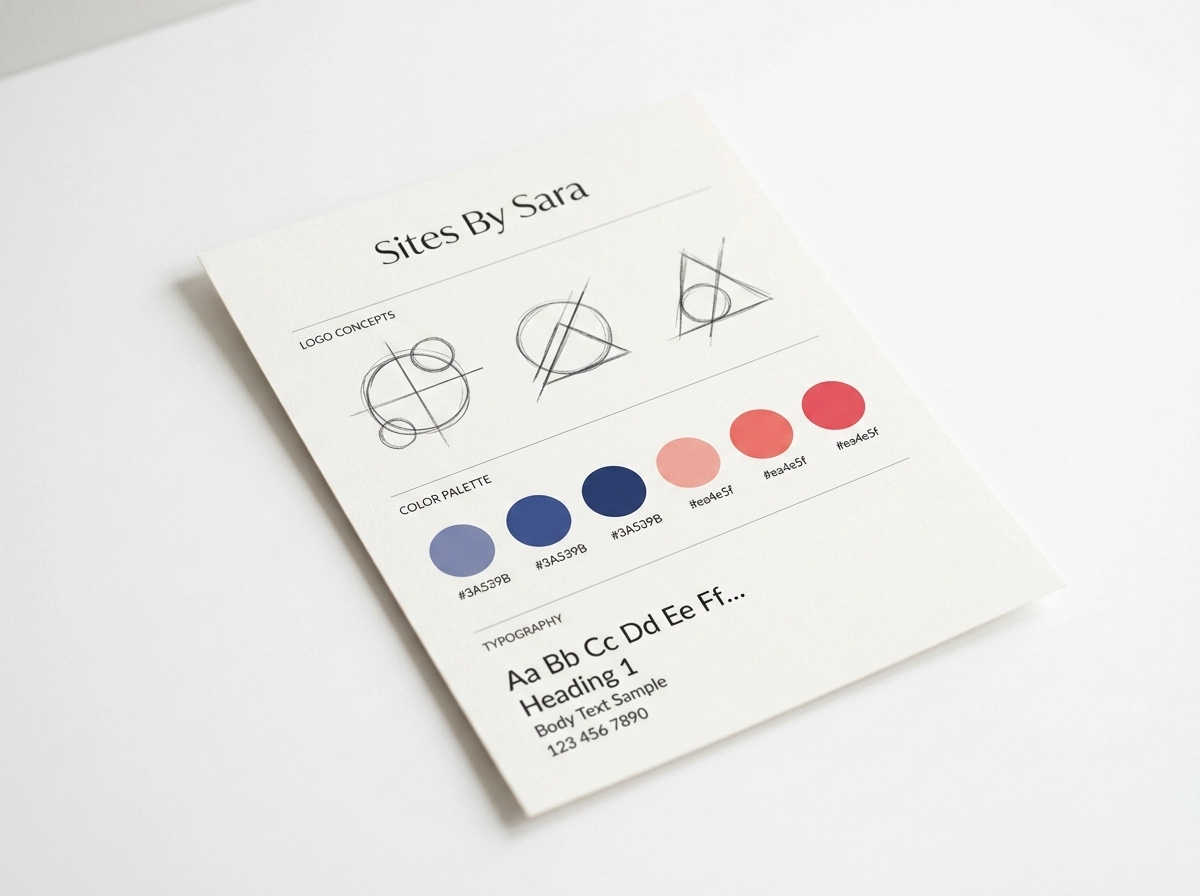 Logo design concepts and a brand style guide mockup with color swatches and typography