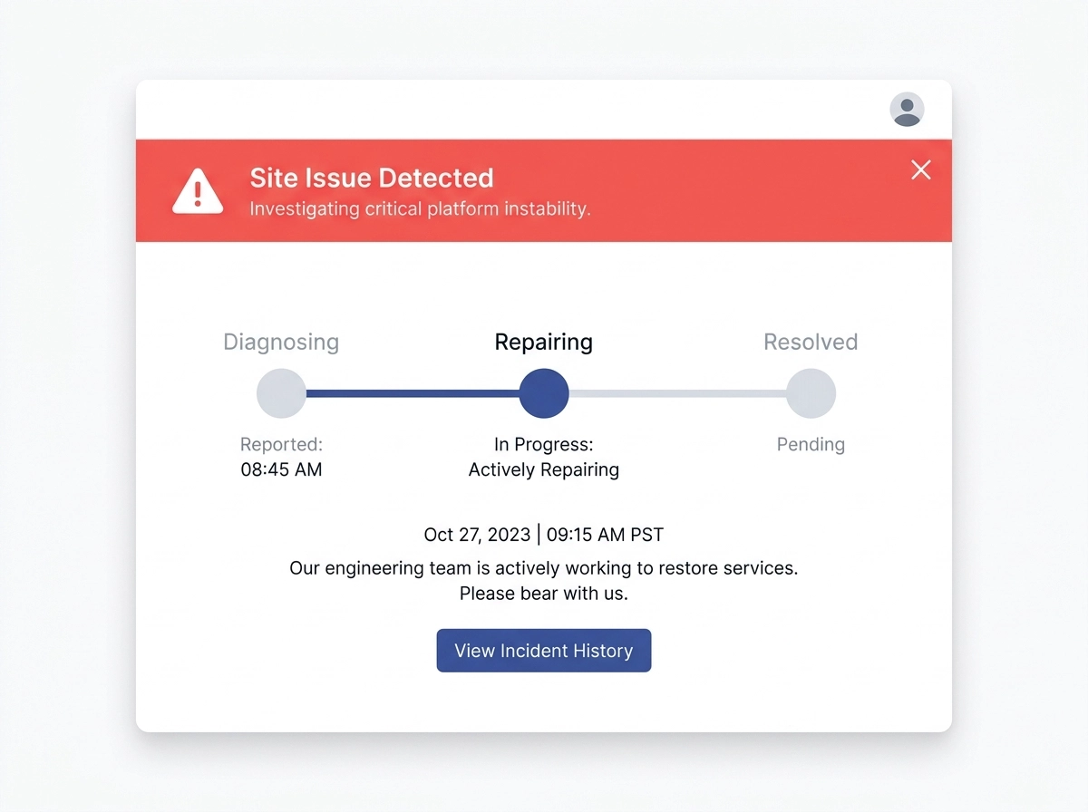 Urgent website repair alert and rush fix status screen