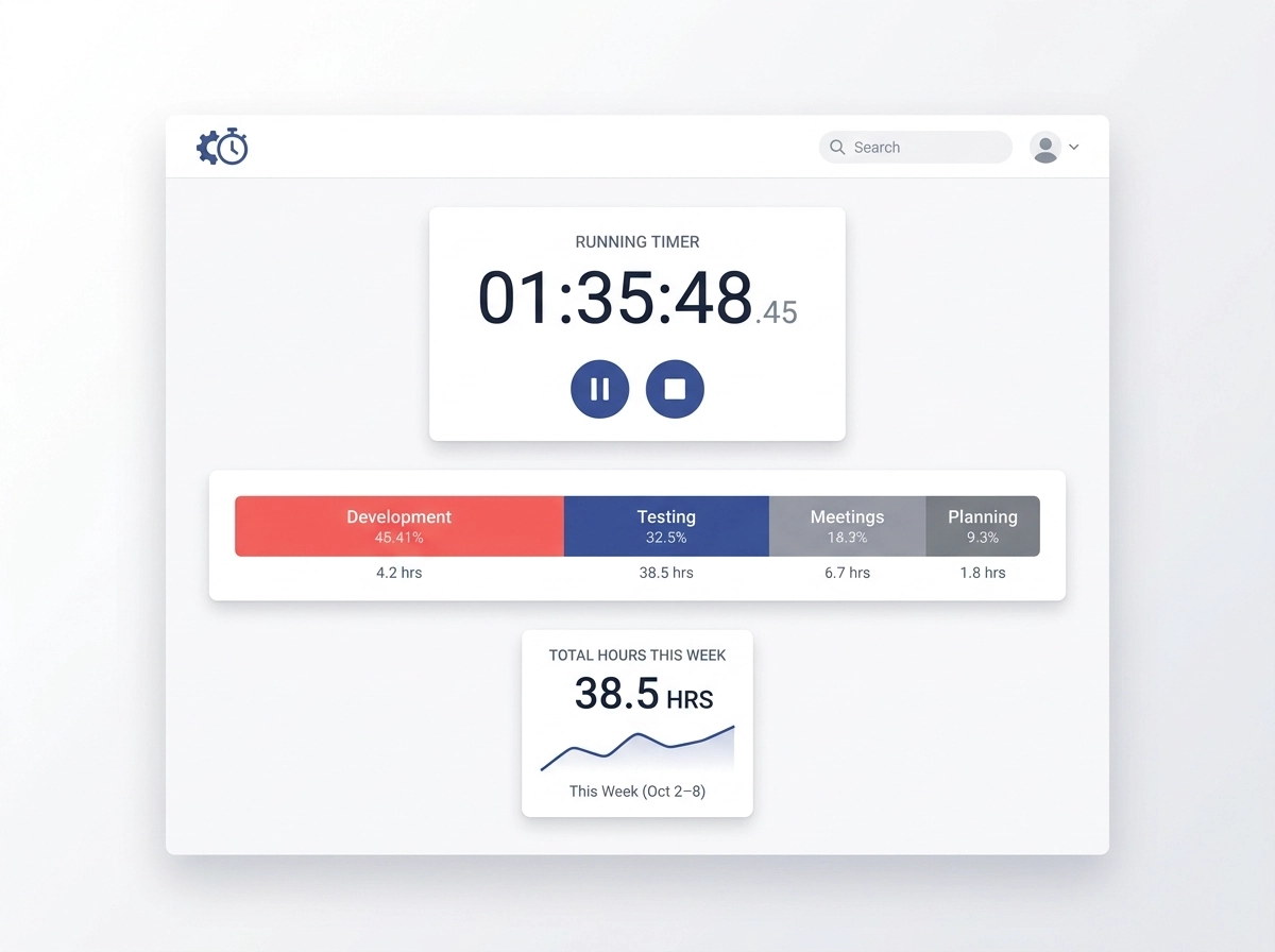 Developer time-tracking dashboard showing hourly development work