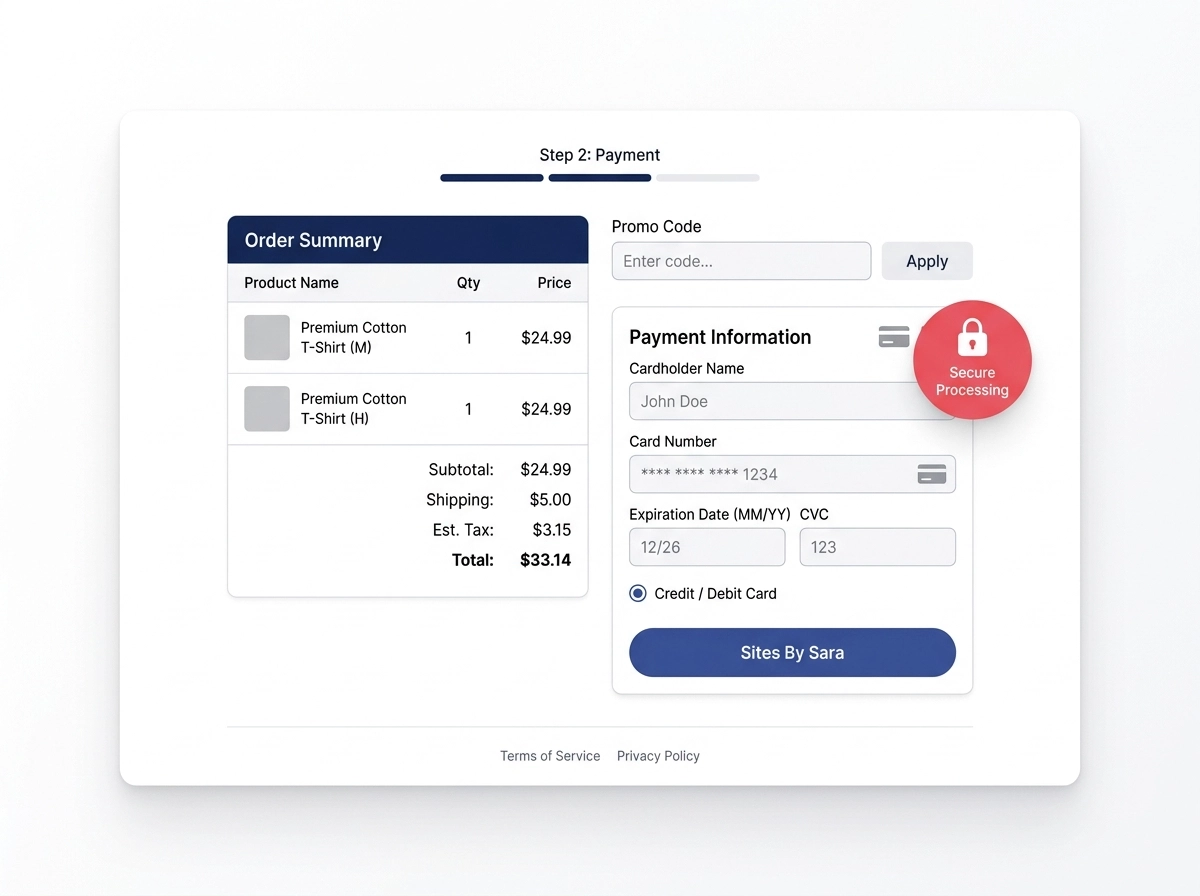 WooCommerce store checkout page with payment processing icon