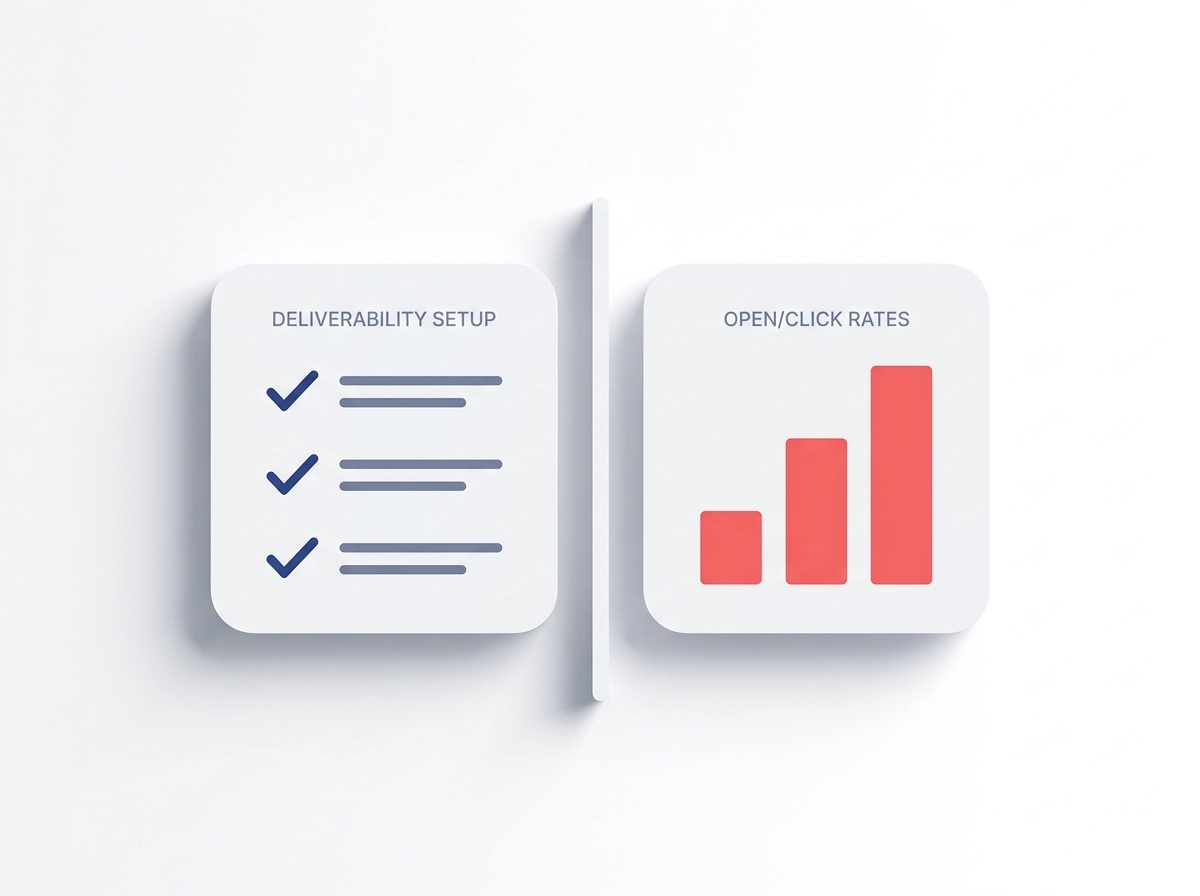 Email deliverability checklist next to an open and click rate performance report