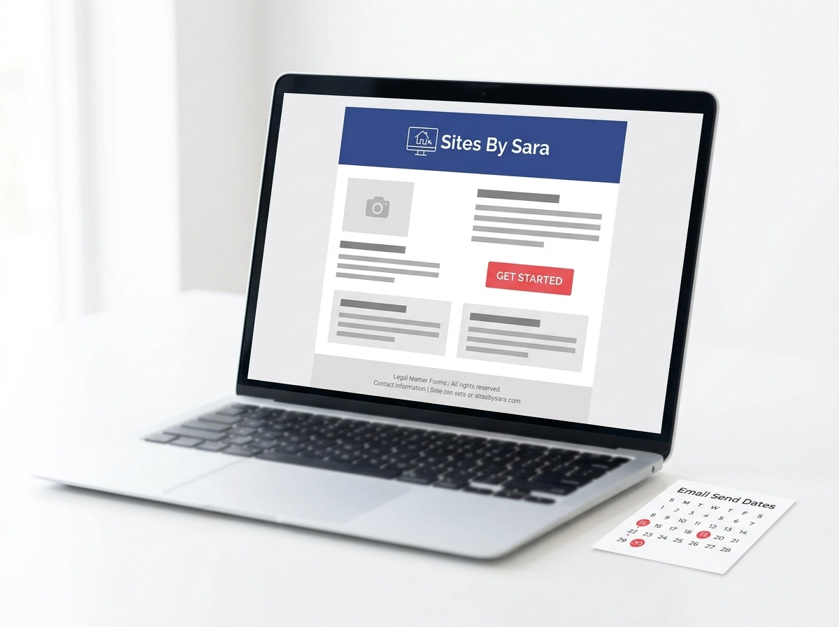 Branded email newsletter template mockup with a send schedule calendar