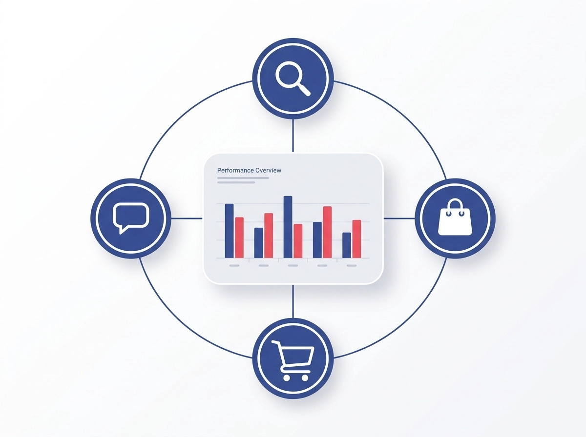 Four ad platform icons — Google, Meta, Amazon, and Walmart — connected to one dashboard