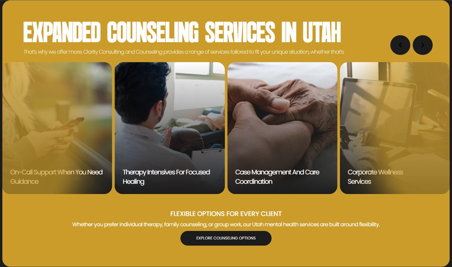 Clarity Consulting and Counseling services section listing therapy offerings