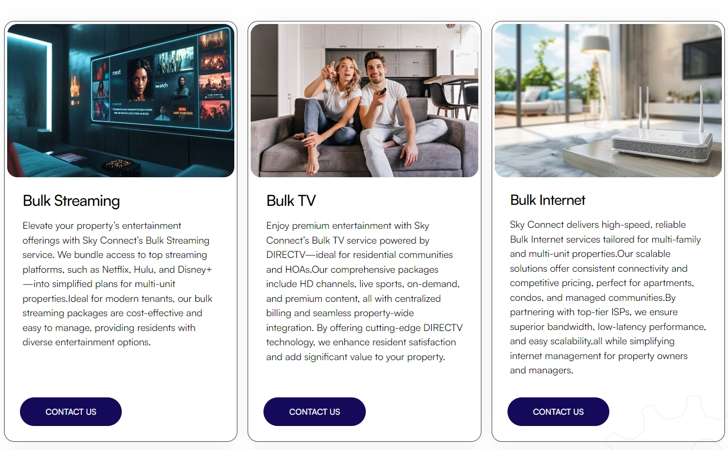 Connect with Sky services overview section listing bulk TV, internet, and smart building offerings