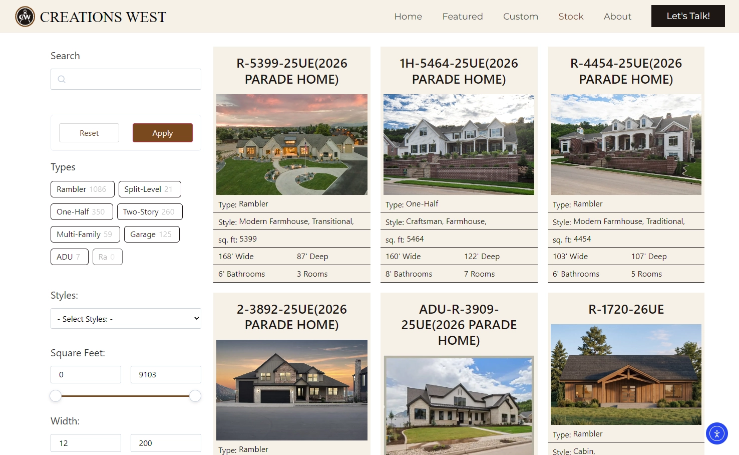 Creations West stock home plans browsing page