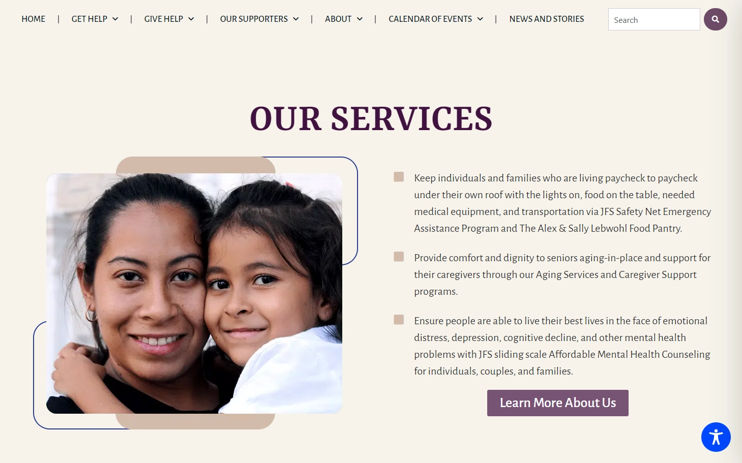 JFS Utah programs and services page listing counseling, food pantry, and financial assistance