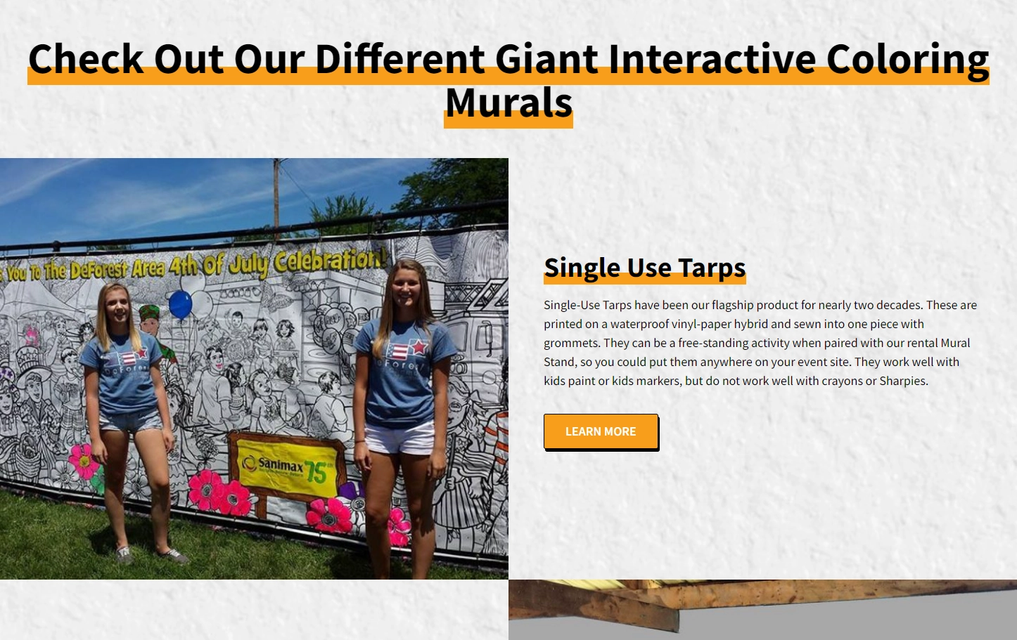 Monster Mural product type comparison page showing tarp and plastic mural options
