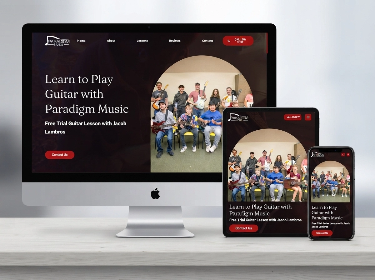 Paradigm Music Lessons homepage hero section