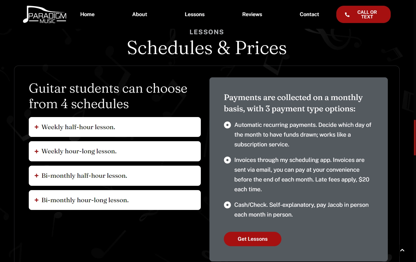 Paradigm Music Lessons lesson tiers and pricing section