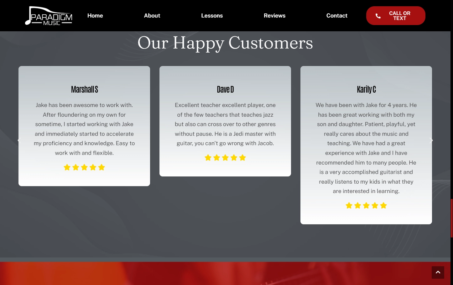 Paradigm Music Lessons student reviews section