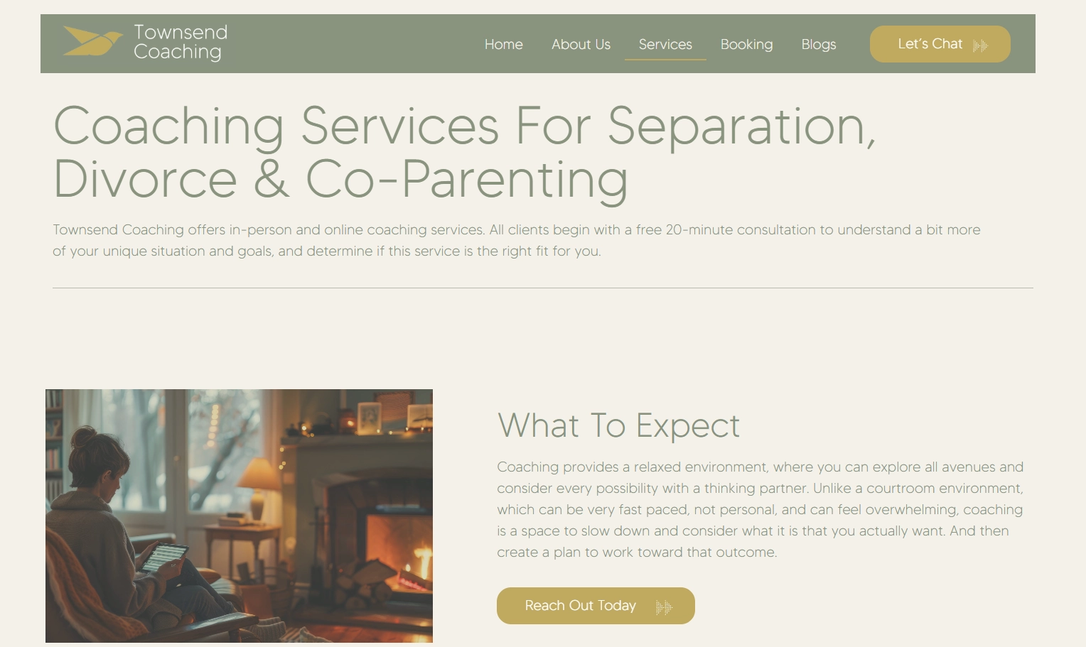 Townsend Relationship Coaching services section listing one-on-one, couples, and group coaching