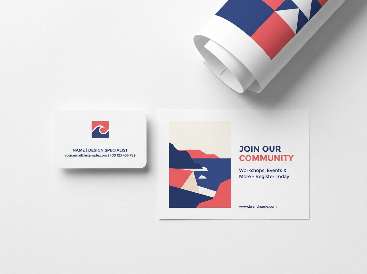 Business card, postcard, and poster print design mockups laid out together