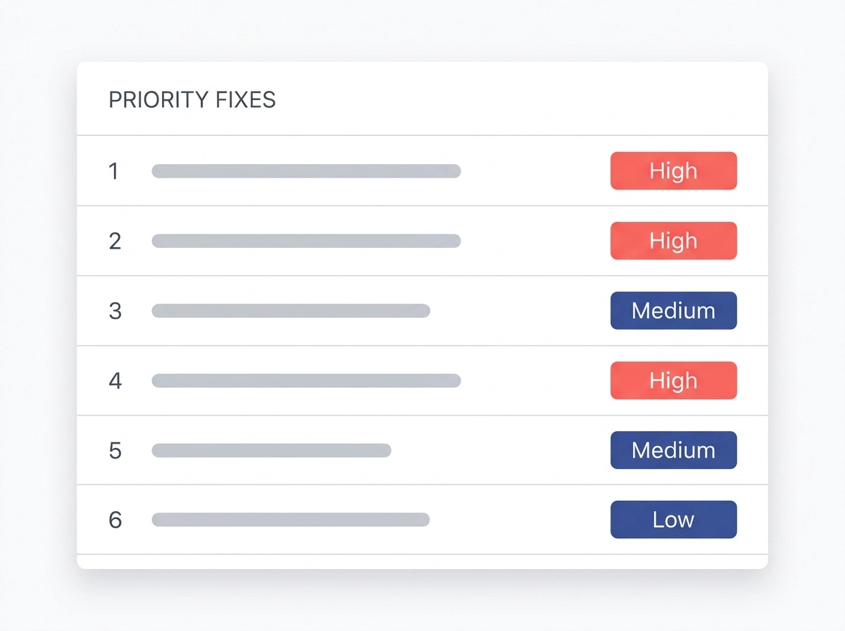 Ranked list of up to 10 priority website fixes