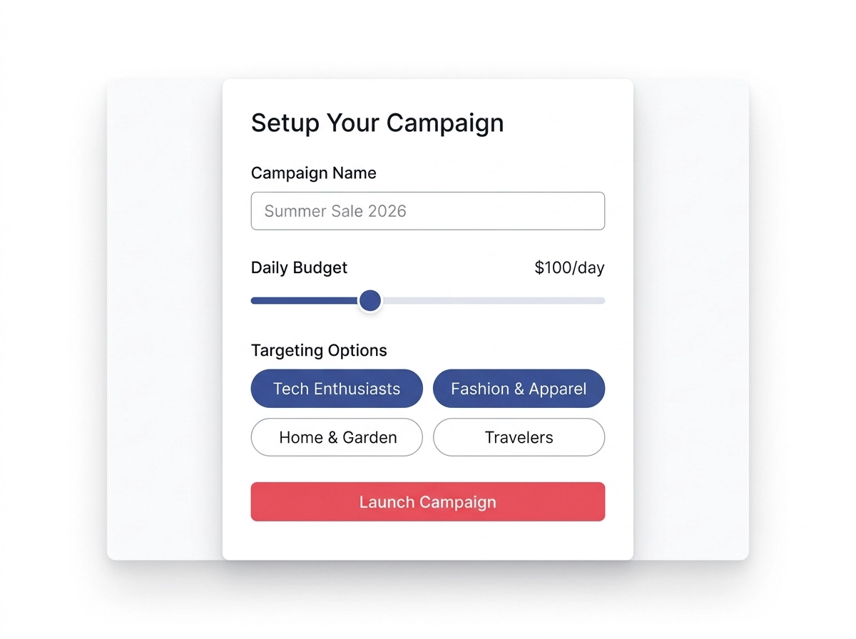 Walmart ad campaign setup and targeting configuration mockup