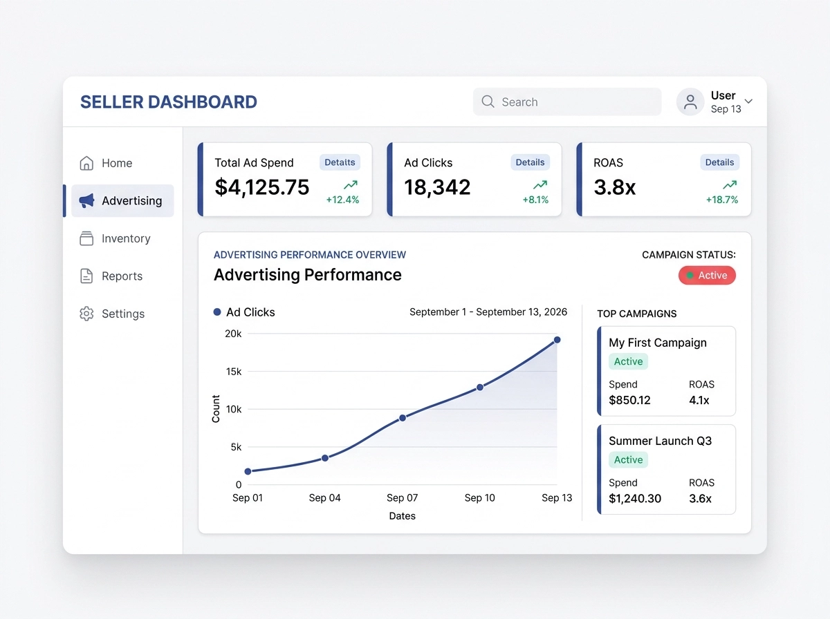 Walmart Marketplace ad campaign dashboard and performance mockup