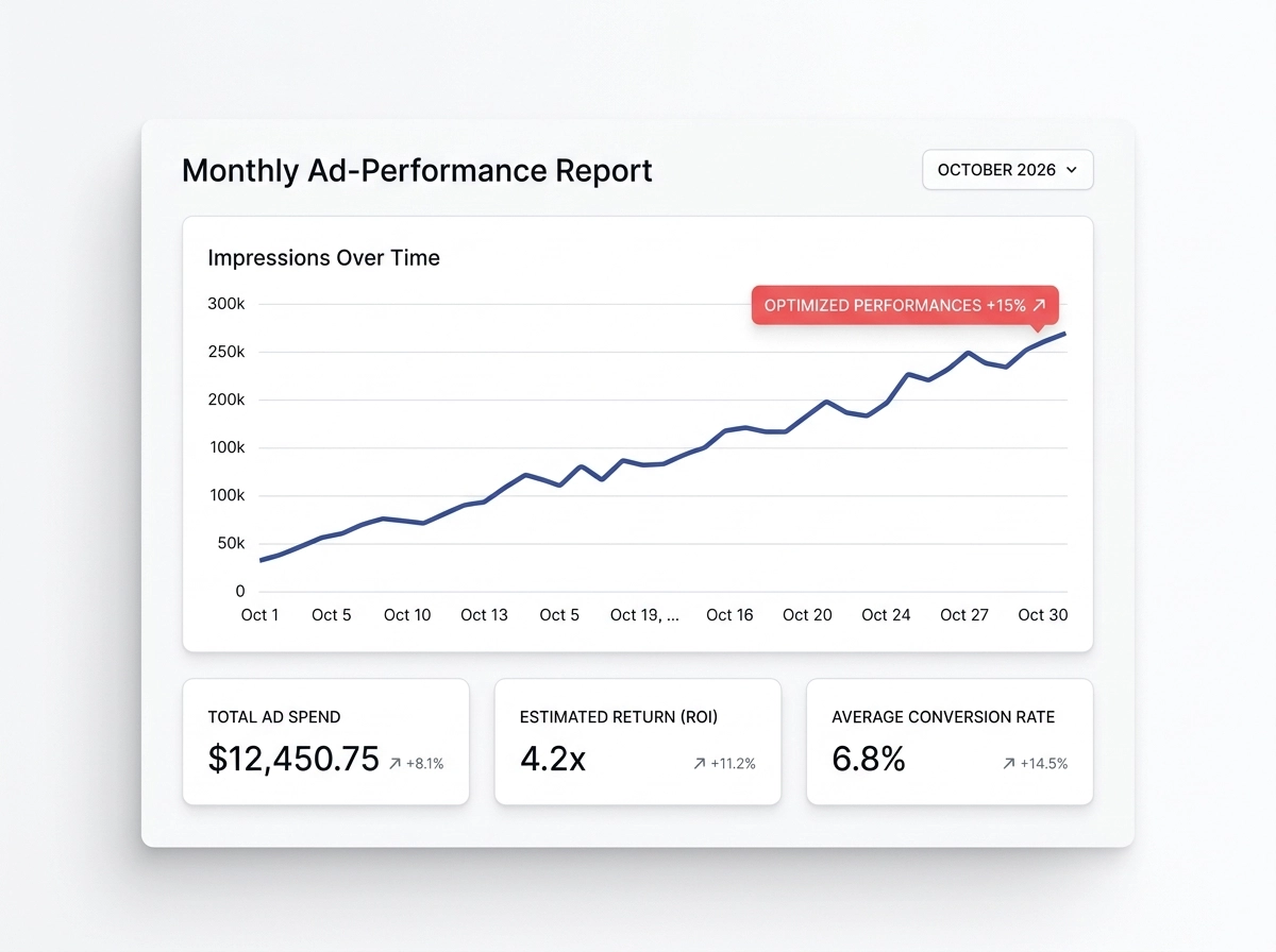 Monthly ad performance report and optimization dashboard mockup