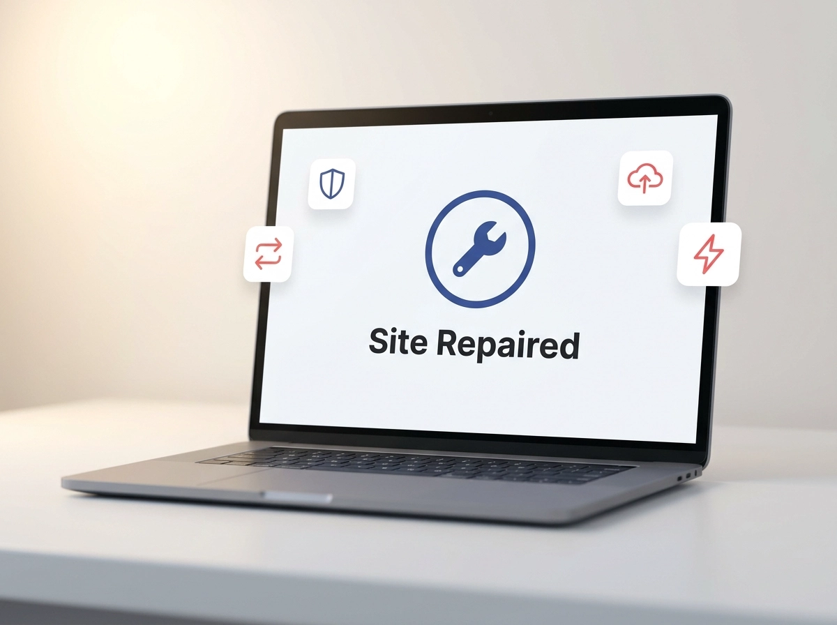 Website repair and backup status screen on a laptop