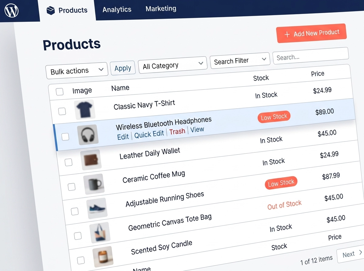 WooCommerce Product Catalog Admin Screen Mockup